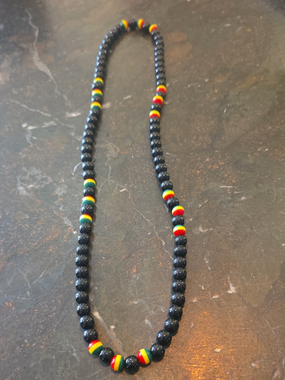 Black Beaded Necklace with Red, Yellow & Green Accent Beads